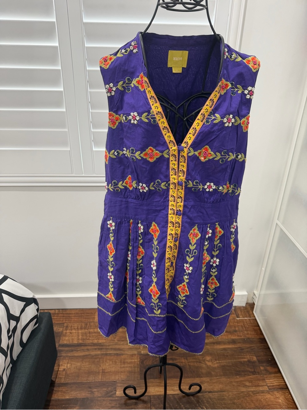 Maeve Purple Embroidered Mini Dress with Yellow Trim